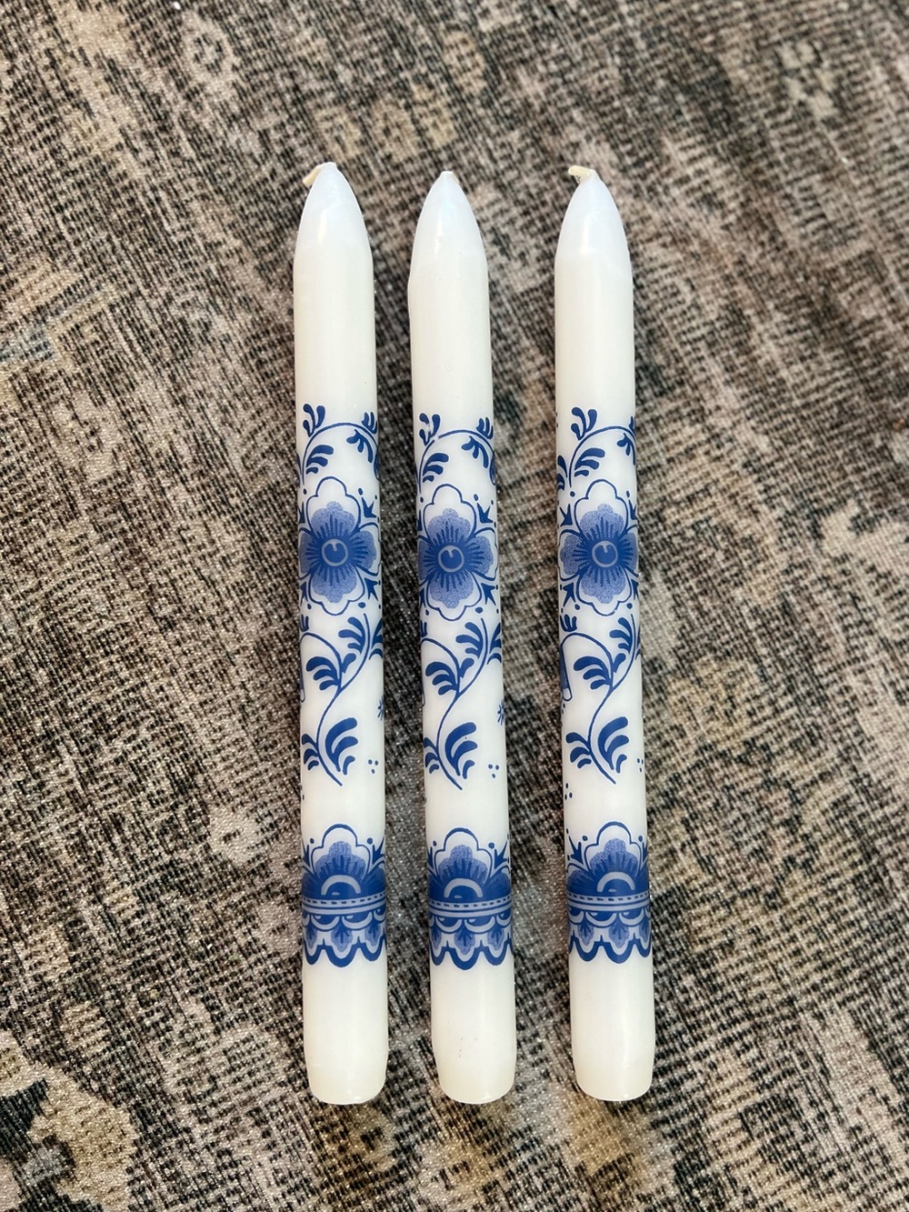 Set of 3 Vintage Delft Blue 10” Floral Taper Candles Made in Holland